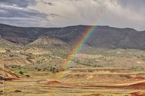 East Oregon Painted Hills with Rainbow on Overcast Afternoon