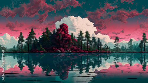 landscape symmetry montan fantasy river illustration Abstract Generative AI wallpaper background