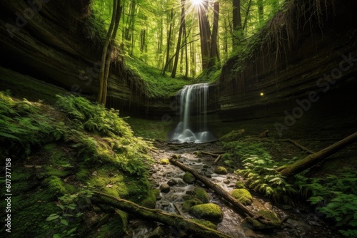 majestic cascade in forest setting  with sunlight shining through the trees  created with generative ai