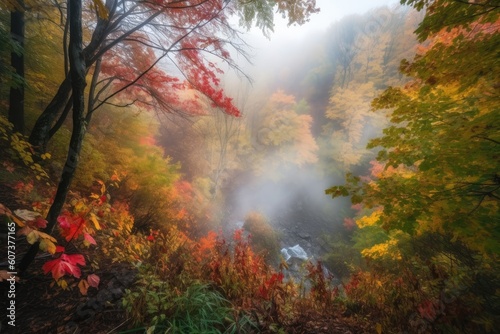 magical moment  with mist rising from the forest  and colorful autumn leaves peeking through  created with generative ai