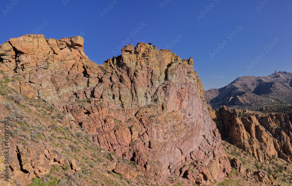 Panorama of Smith Rock State Park Rock Formations in the Morning
