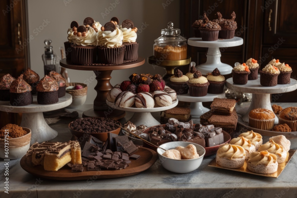 a cake stand with multiple chocolate desserts, including cupcakes, truffles, and brownies, created with generative ai