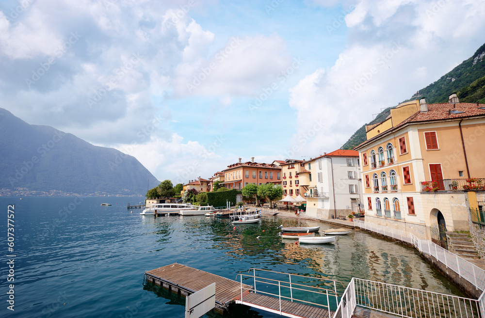 Travel by Italy. Old harbor and promenade on the Como Lake.
