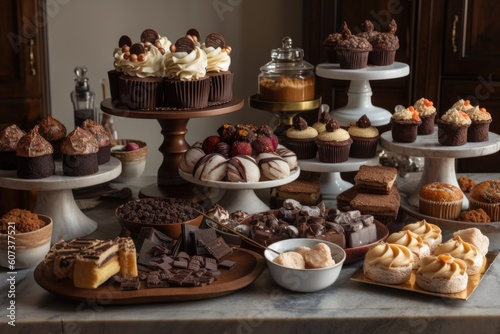 a cake stand with multiple chocolate desserts, including cupcakes, truffles, and brownies, created with generative ai © altitudevisual