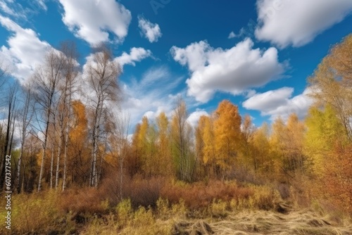 autumn forest with clear blue sky and fluffy clouds, created with generative ai