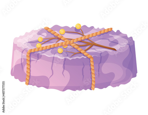 A bar of round handmade purple natural soap, decorated with a branch with berries, tied with a rope. Vector isolated cartoon hygiene product.