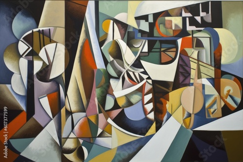 cubist painting of abstract, geometric shapes and lines, created with generative ai