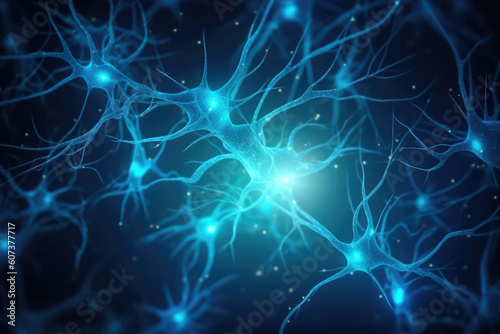 Brilliant Blue Neurons and Synapses. Generative AI