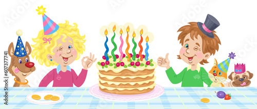 Happy birthday! Cute girl, funny boy in carnival hats with their pets are sitting at the table with a big cake with candles. In cartoon style. Isolated on white background. Vector flat illustration.