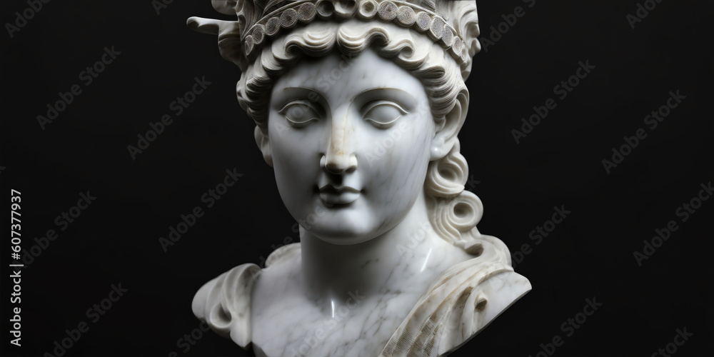 Marble head statue of an ancient Greek goddess athena on plain black background. Ancient greek sculpture photography from Generative AI