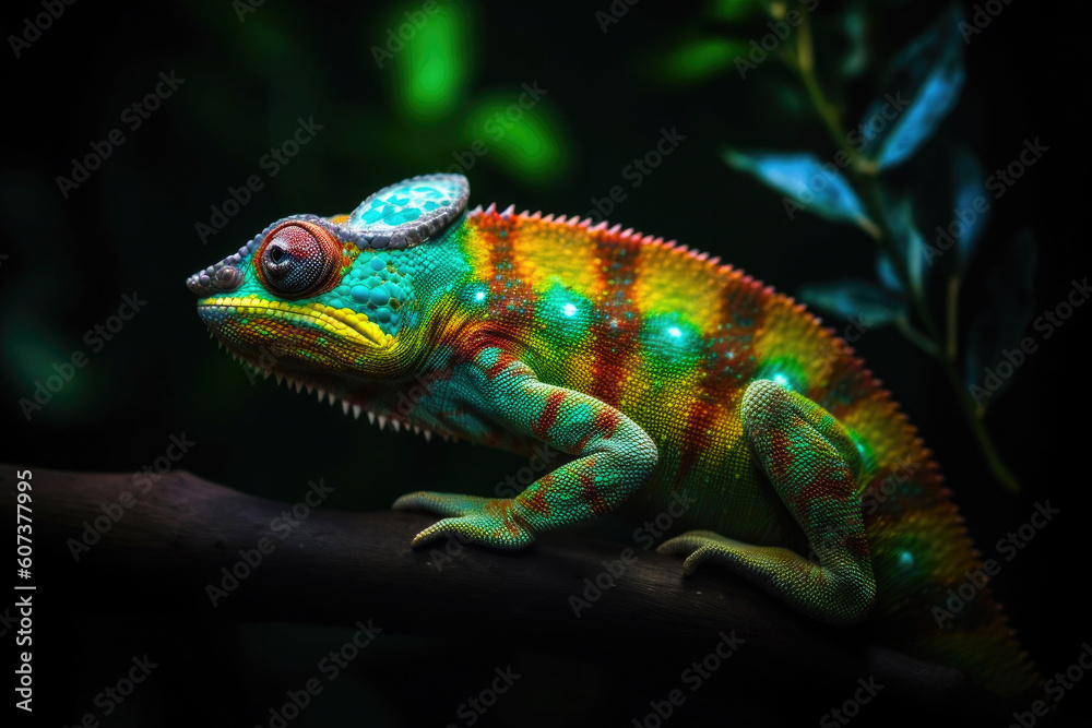 Fototapeta premium Neon chameleon sitting on a branch, vibrant colors. Generative AI