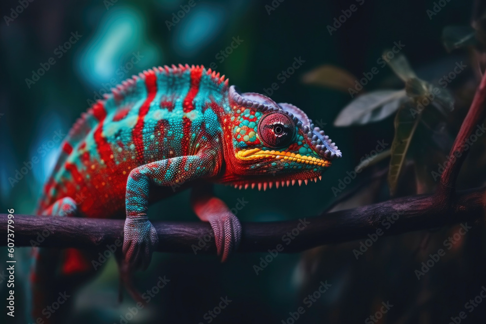 Fototapeta premium Spectacularly Colored Chameleon on a Striking Branch. Generative AI