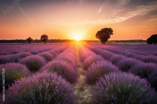 lavender field at sunset  with sun setting behind the horizon  created with generative ai
