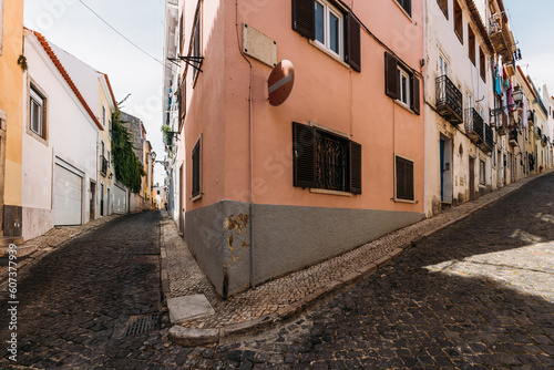 Wide angle view of narrow streets in the historic centre of Lisbon  Portugal