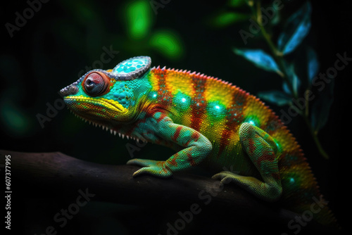 Neon chameleon sitting on a branch, vibrant colors. Generative AI © Andrii 
