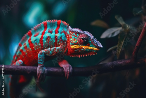 Spectacularly Colored Chameleon on a Striking Branch. Generative AI