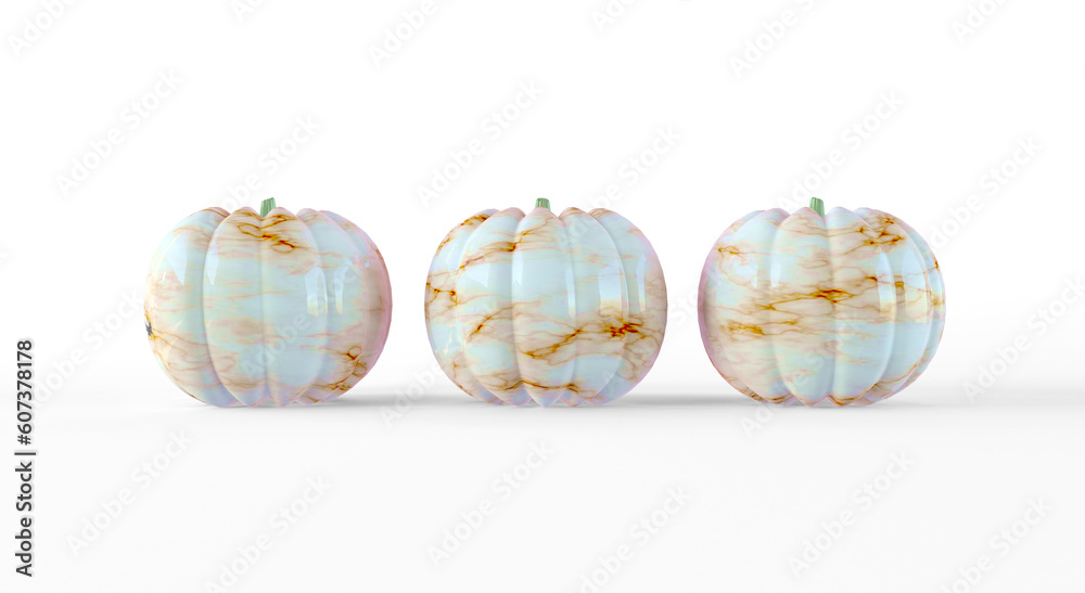 Three decorative marble pumpkins stand in a row isolated on a white background. Creative Halloween pattern, white marble pumpkin figurines with gold veins. 3d render illustration. Three decorative marble pumpkins stand in a row isolated on a white background. Creative Halloween pattern, white marble pumpkin figurines with gold veins. 3d render illustration.