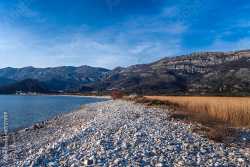 Beautiful sea landscape. Buljarica beach in Montenegro, pebble beach