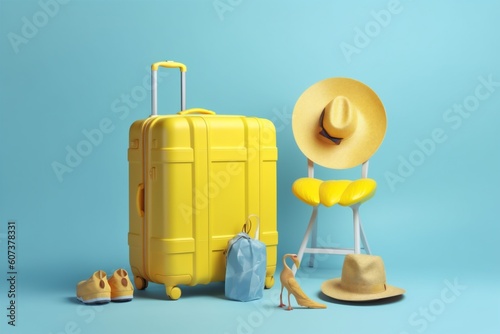 sunglasses colorful concept travel background summer yellow suitcase flamingo vacation blue. Generative AI.