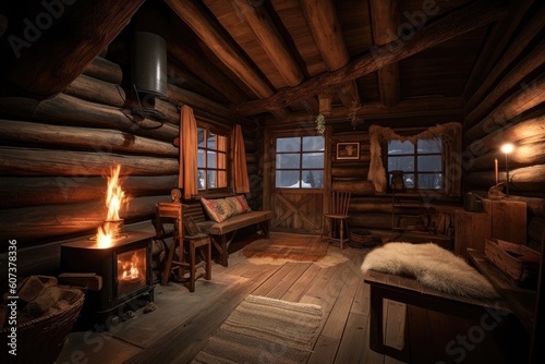 cozy cabin with roaring fireplace and stack of firewood on a cold winter night  created with generative ai