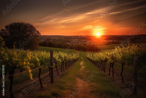 vineyard at sunset, with the sun casting a warm glow on the landscape, created with generative ai