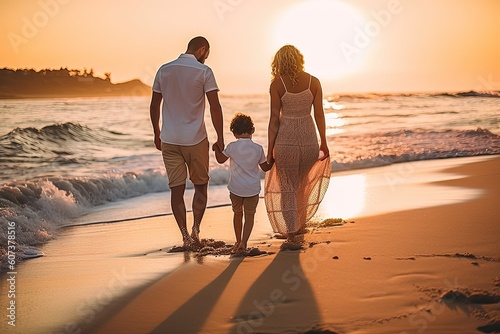 Rear view of a happy family father and mother with son  walking on the beach at sunset. Family day  summer vacation. Generative AI.