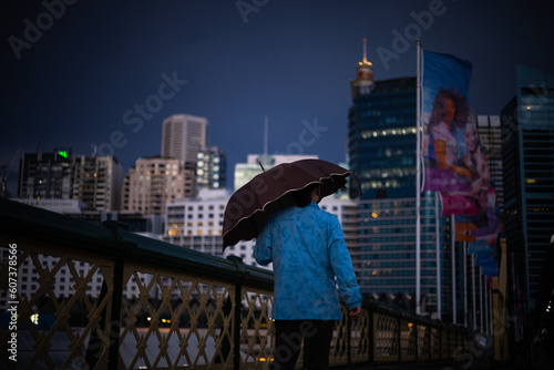 person on the bridge holding umbrella