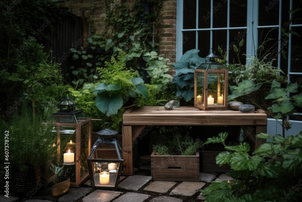 diy garden with mix of contemporary and traditional elements, including wooden bench and glass lanterns, created with generative ai
