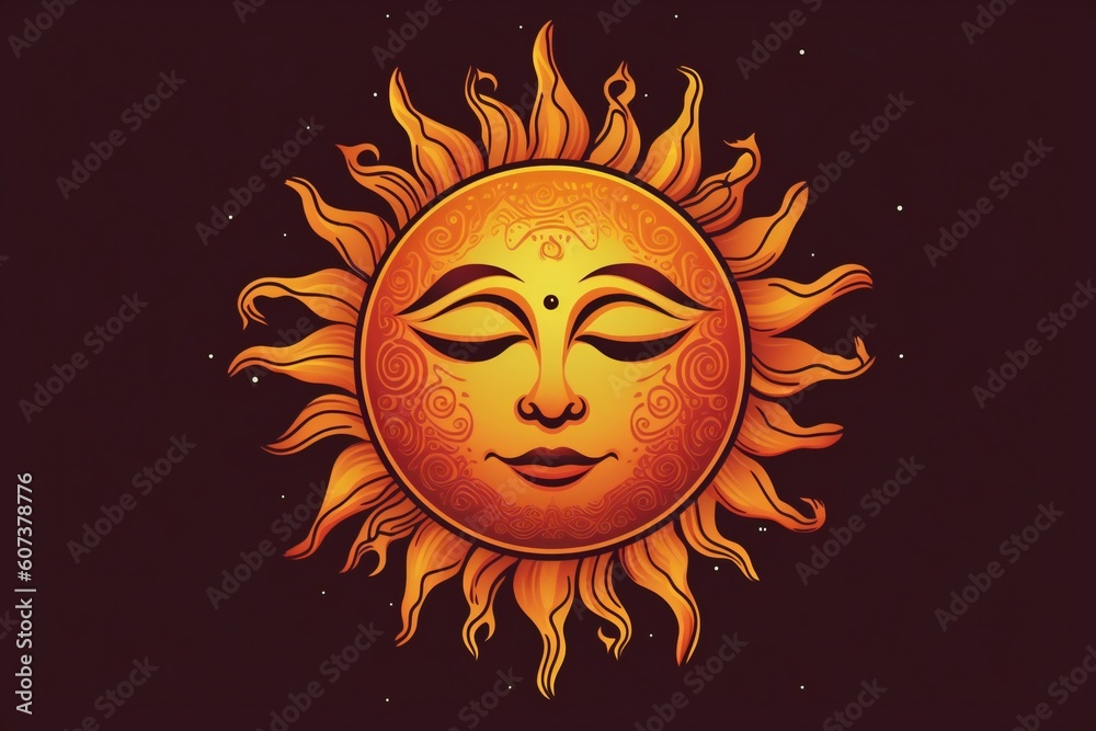 Stylized illustration of an orange sun with a face and sun beams in a brown background, generative AI Stylized illustration of an orange sun with a face and sun beams in a brown background, generative AI