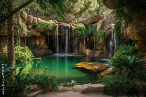 oasis with waterfall  surrounded by lush greenery and rock formations  created with generative ai