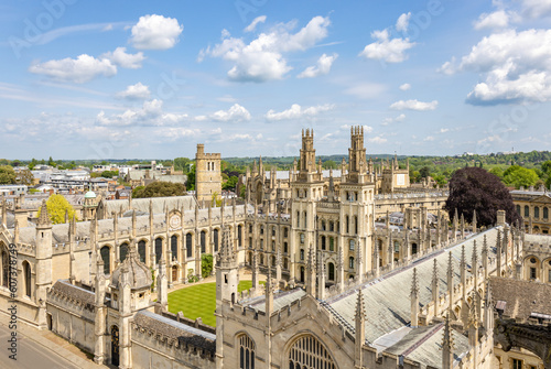 Aerial view taken from the University Church of St Mary the Virgin of the building of All Souls College, a constituent college of the University of Oxford, Oxford, England. photo