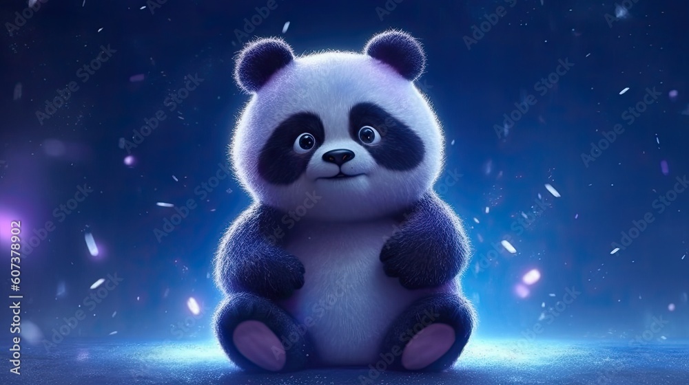 panda sitting under a starry night sky. dark blues and purples for the sky, the panda with a subtle, dream-like effect. twinkling stars and a crescent moon to create a magical atmosphere