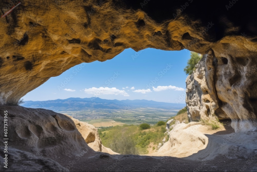 cave in mountain, with view of the surrounding landscape and blue sky, created with generative ai