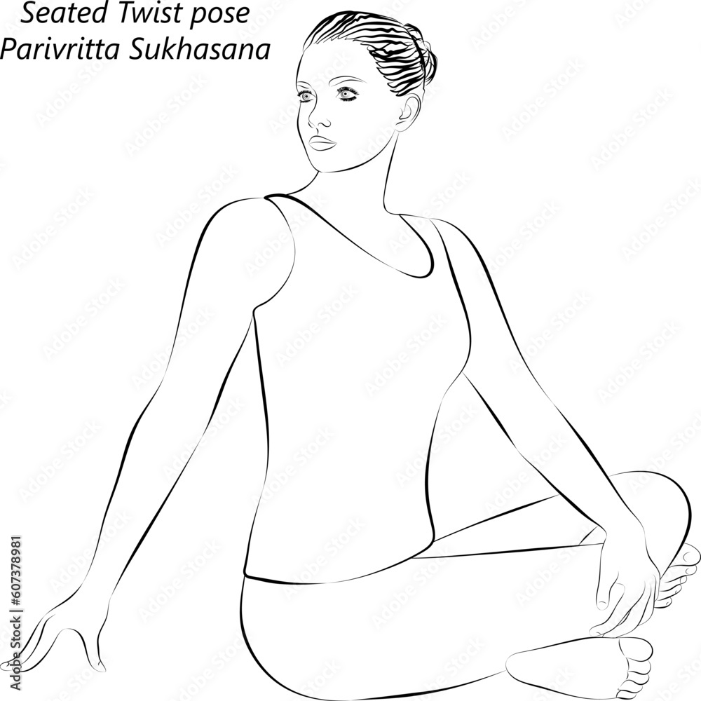 Fototapeta premium Sketch of young woman practicing yoga, doing Seated Twist pose. Parivritta Sukhasana. Seated and Twist. Beginner. Vector illustration isolated on transparent background.