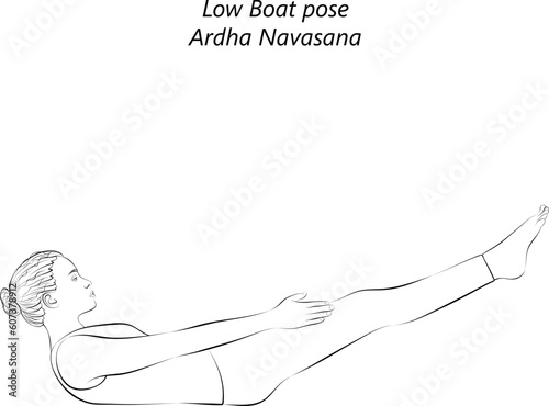 Sketch of young woman practicing yoga, doing Low Boat pose or Canoe pose. Ardha Navasana. Seated and Balancing. Beginner. Vector illustration isolated on transparent background.