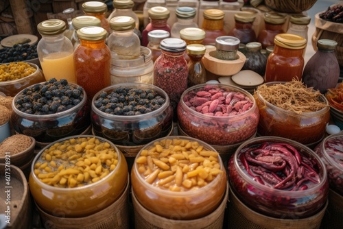 fermented food market, with variety of pickled products and spices on display, created with generative ai