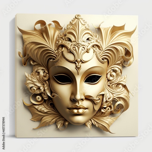Face mask for carnival and masquerade ball. Golden carnival mask on a white background, generative AI.