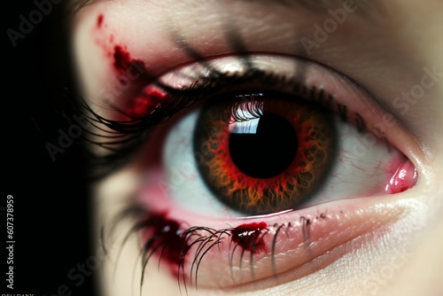  Closeup of a red bloody eye with veins, generative AI