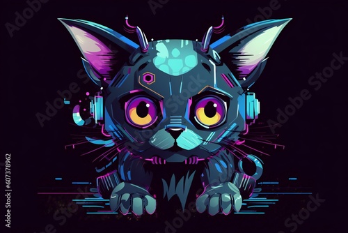Illustration of a robot sci-fi cat in a black background, generative AI