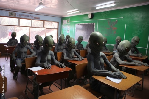 classroom, with group of alien students learning about different aspects of human culture, created with generative ai