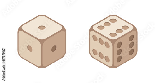 Lucky and unlucky wooden game dices. 3D casino clipart. Isolated vector and PNG illustration on transparent background.