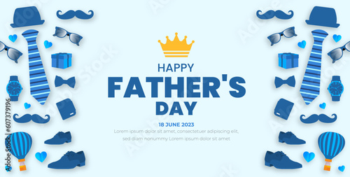 happy Father's Day background poster or banner design template celebrate in june. Father's Day background or banner with necktie, glasses, hat, and gift box. happy fathers day poster, greetings.