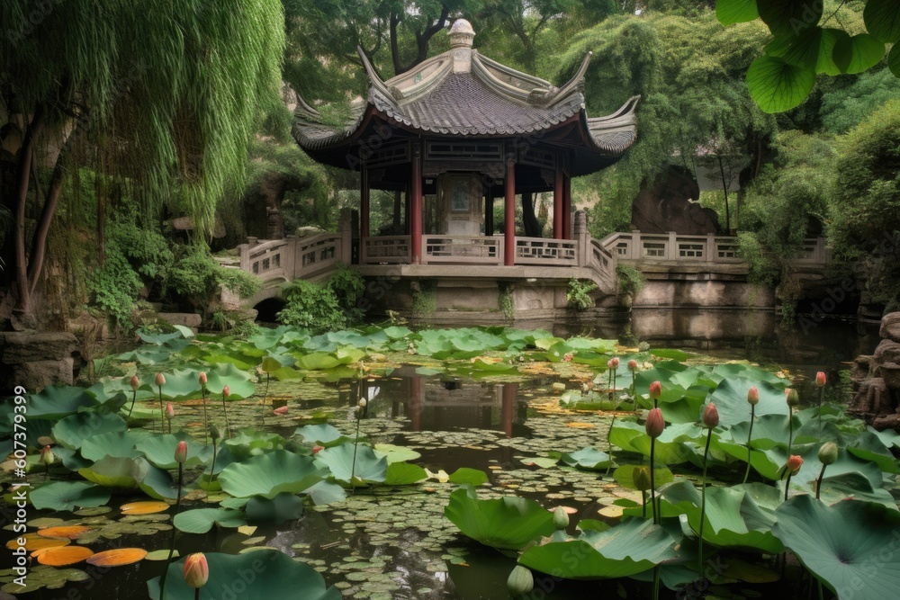 peaceful china pagoda garden with lotus flowers and babbling brook, created with generative ai peaceful china pagoda garden with lotus flowers and babbling brook, created with generative ai