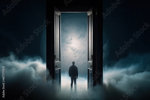 Human soul says goodbye to earthly life and rises to heaven. A man stands in front of an open door in the clouds, the concept of dreams and doors to heaven, generative AI.
