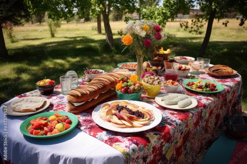 picnic setup with tablecloth and napkins, ready for a summer feast, created with generative ai