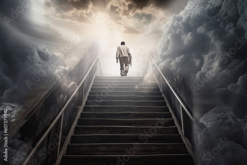 Human soul says goodbye to earthly life and rises to heaven. A man stands in front of an open door in the clouds, the concept of dreams and doors to heaven, generative AI.