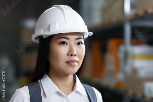 smile woman business industrial helmet asian industry portrait female engineer job. Generative AI.