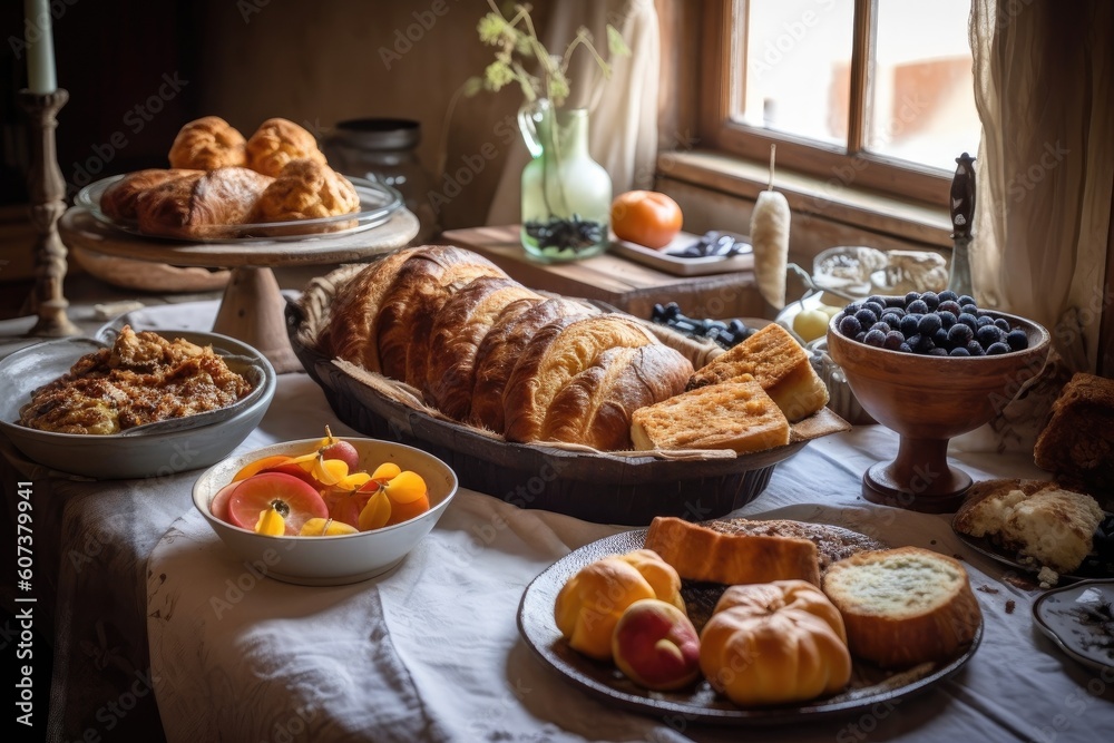 plate of rustic breads and pastries, ready for breakfast or brunch, created with generative ai