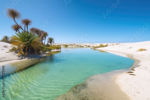 oasis with clear blue water, surrounded by dunes and palm trees, created with generative ai