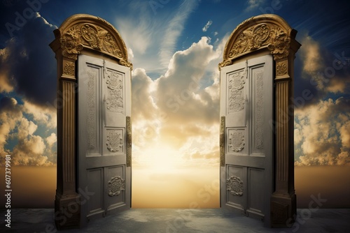 Entrance to heaven in heaven. A large and luxurious door that opens to heaven, generative AI.